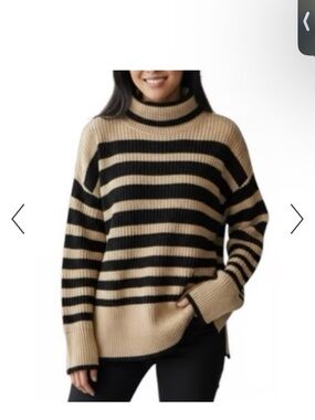 CAbi Polo Striped Turtleneck Sweater in Camel and Black Sz Small